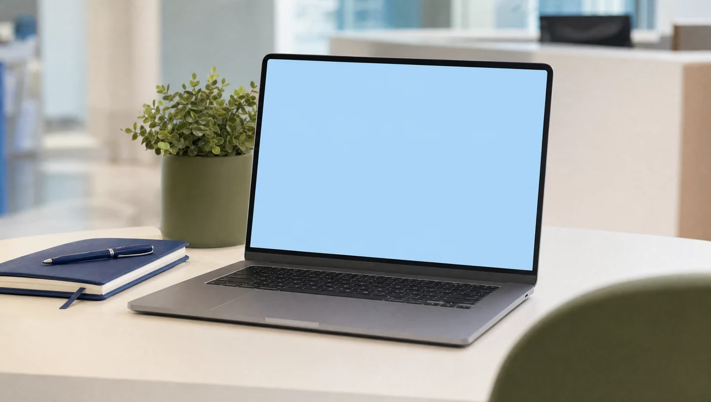 A laptop and notebook ready for software training in a bright administration office